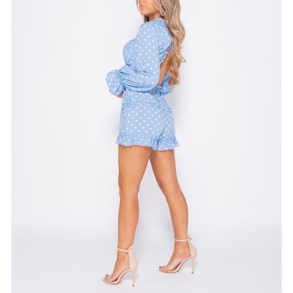 NWT NEW Parisian Light Blue Polka Dot Long Sleeve Backless Romper - Picture 4 of 9